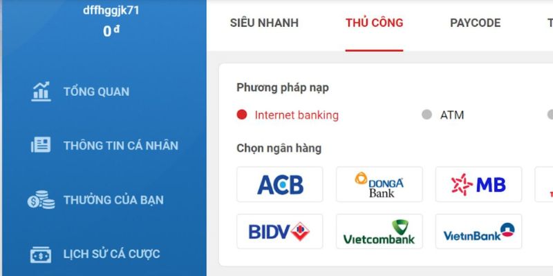 Hội viên sử dụng ngân hàng mà mình muốn để nạp tiền neo79